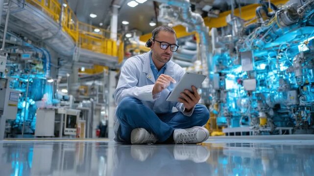 Focused Innovation: A dedicated scientist, clad in a white lab coat, meticulously reviews data on a digital tablet amidst the vast, modern infrastructure of a cutting-edge technological facility.