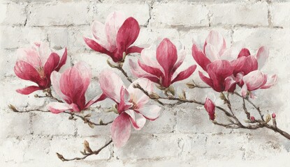 Delicate magnolia blossoms in shades of pink and white adorn a weathered brick wall, creating a serene and romantic floral scene.