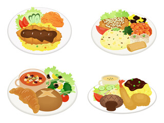 Four plates of diverse meals with vegetables, bread, soup, and fried dishes presented as illustrations.