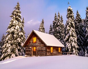 Snowy cabin in the woods at twilight