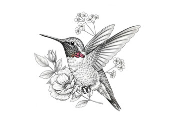 Hummingbird Hovering Near White Flowers with Detailed Feathers graphic design isolated on a transparent background