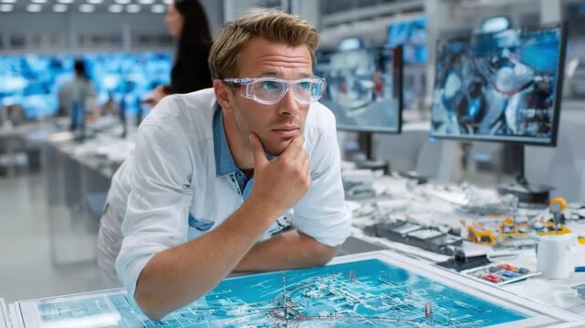 Engineer Concentrating: A focused engineer, clad in safety glasses and lab coat, meticulously reviews intricate blueprints at a modern workstation filled with advanced technology and displays.