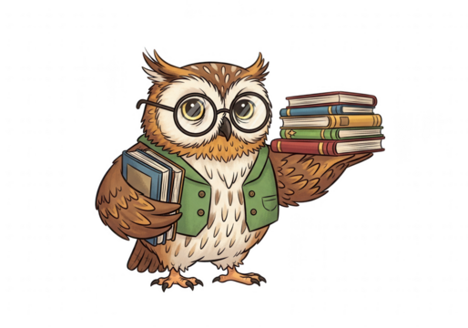 Owl Wearing Glasses and Vest Holding Books (73) image isolated on a transparent background