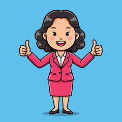 Cartoon woman in bright pink suit giving two thumbs up, smiling confidently on light blue background.