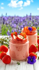 Pink berry smoothies with berries beside lavender