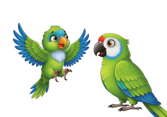 Two Cartoon Green Parrots with Blue and Red Accents image isolated on a transparent background