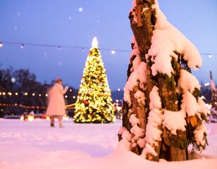 Snowy Christmas scene at twilight