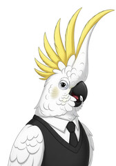 White Cockatoo Bird Wearing a Black Vest and Tie on Transparent Background parrot isolated on a transparent background