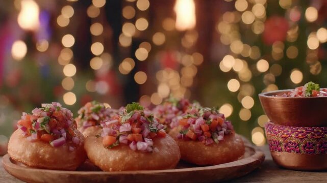 Appetizing Indian Dahi Puri chaat presented with festive bokeh lights.