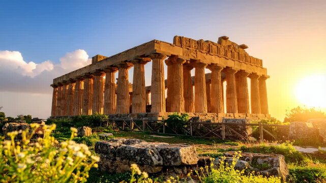 Ancient Temple Ruins with Doric Columns Lit by Golden Hour Sunlight and Wildflowers in Forefront, Heritage Architecture Remains