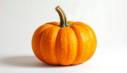 A vibrant, single pumpkin, a rich orange hue, is centrally placed against a plain white background.