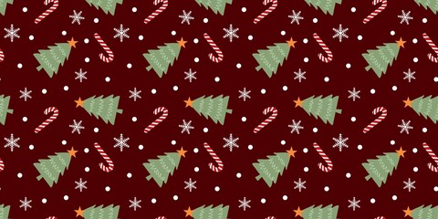 Christmas tree, candy cane, and snowflake seamless pattern on red background. Cute festive design for holiday, winter, and Christmas decoration. Xmas seamless pattern background.