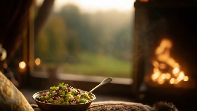 Cozy Meal by Fireplace with Outdoor Scenery at Dusk.