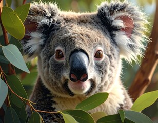 Close-up of a koala bear in its natural habitat surrounded by eucalyptus leaves