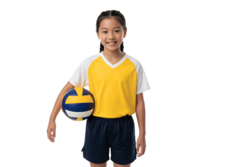 A young girl smiling and holding a volleyball, ready for a game