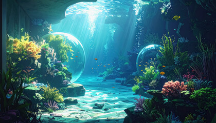 Underwater cave with stunning rock formations and natural light creating a unique aquatic environment