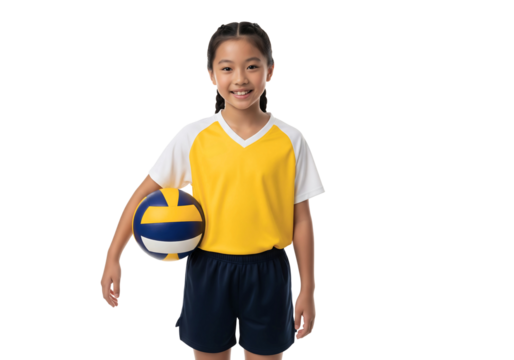 A young girl smiling and holding a volleyball, ready for a game