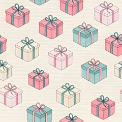 Pastel Gift Boxes Icons on Linen Background. Tiny pastel gift box icons with ribbon lines, repeating over subtle linen paper backdrop—cute pattern.