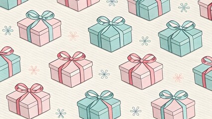 Pastel Gift Boxes Icons on Linen Background. Tiny pastel gift box icons with ribbon lines, repeating over subtle linen paper backdrop—cute pattern.