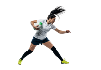 A dynamic female rugby player charging forward with the ball, capturing a moment of intense action and athleticism. The player is focused and determined, emphasizing the power of sport
