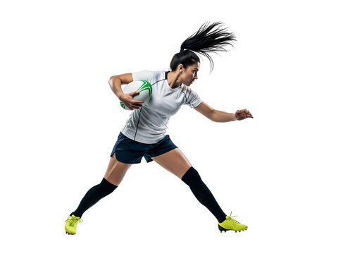 A dynamic female rugby player charging forward with the ball, capturing a moment of intense action and athleticism. The player is focused and determined, emphasizing the power of sport