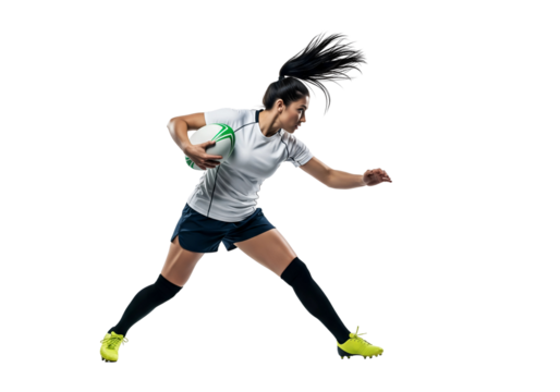 A dynamic female rugby player charging forward with the ball, capturing a moment of intense action and athleticism. The player is focused and determined, emphasizing the power of sport