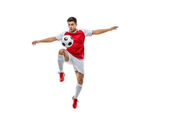 A soccer player in action, skillfully juggling a soccer ball in mid-air. The player showcases athletic prowess with precision and control.