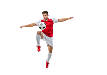 A soccer player in action, skillfully juggling a soccer ball in mid-air. The player showcases athletic prowess with precision and control.