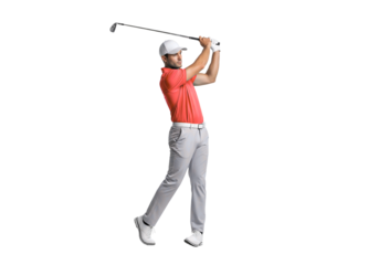 A golfer is making a swing with a golf club