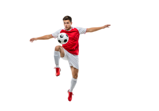 A soccer player in action, skillfully juggling a soccer ball in mid-air. The player showcases athletic prowess with precision and control.
