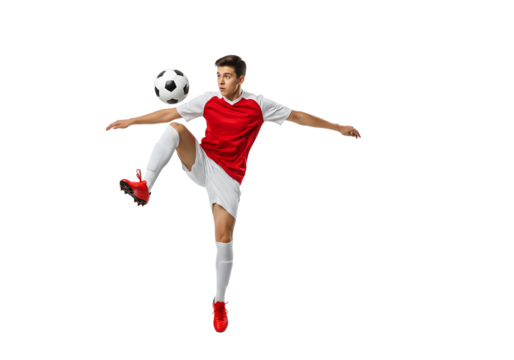A soccer player skillfully juggling the ball in mid-air. He is demonstrating exceptional control and agility, a true display of sportsmanship and athleticism