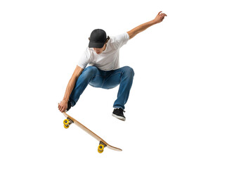 A skater performs an impressive ollie trick on a skateboard in motion, showcasing skillful athleticism