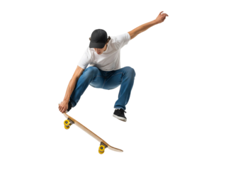 A skater performs an impressive ollie trick on a skateboard in motion, showcasing skillful athleticism