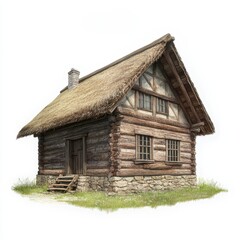 Obraz premium Rustic Wooden House with Thatched Roof set on Green Grassland