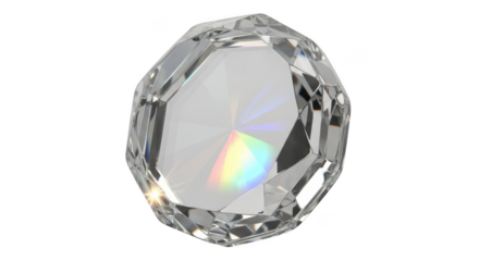 A faceted clear crystal gemstone with rainbow light refraction isolated on transparent background