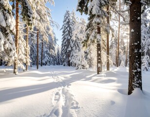 Obraz premium Snowy forest path bathed in sunlight