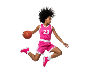 A female basketball player in mid-air dribbling a basketball