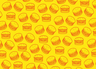 Hamburger illustration pattern with yellow background, food packaging, menu illustration
