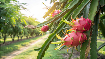 Dragon fruit on tree in garden, Dragon fruit hanging on tree in natural warm sunlight background