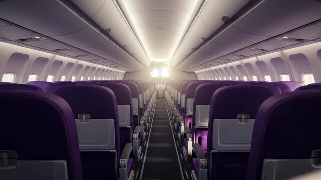 modern airplane cabin features an empty aisle leading to bright light ahead Rows of vibrant purple seats line both sides with overhead compartments and windows visible along the sleek interior