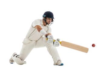A cricketer in action, swinging his bat to hit the ball