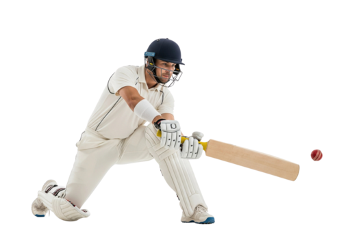 A cricketer in action, swinging his bat to hit the ball