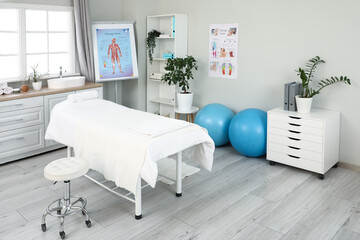 Interior of massage therapist's office with couch, fitness balls and poster on flipchart in modern medical centre