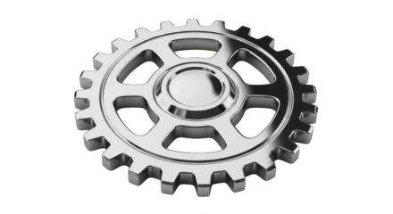 Polished chrome metal gear with intricate spokes isolated on transparent background