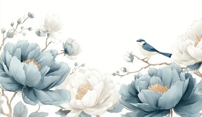 Delicate blue and white peonies and a tiny bird create a serene floral design.