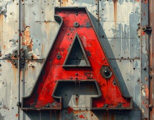 Close-up of a weathered, red metal letter 'A' with industrial design