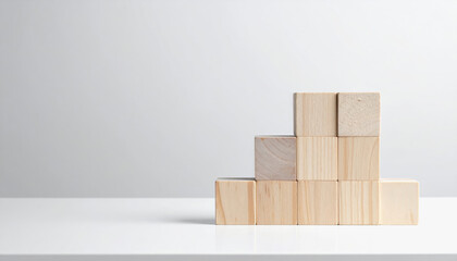 A colorful stack of wooden blocks forming a bar chart displayed on a white table with copy space for textual additions