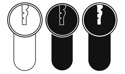 Pin tumbler lock cylinder or Yale lock vector icons in outline and silhouette style. Keyhole barrel design for security, locksmith, door hardware, access control, and safety concept.