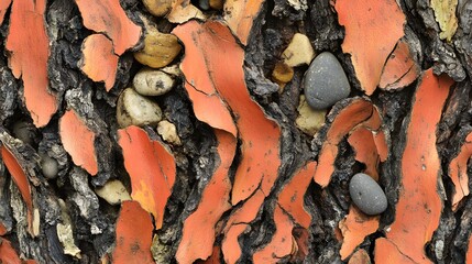 Detailed close up of manzanita bark with small stones scattered, earthy texture