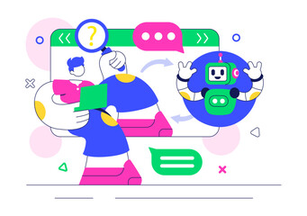 Artificial Intelligence Chatbot Service Illustration Featuring an AI and Intelligent Assistant Robot for Communication Technology and Support Concept